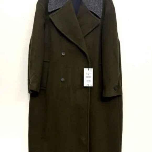 NWT Zara Monteco Wool Double-Breasted Long Coat with Gray Collar/ Olive Green M - Picture 12 of 16